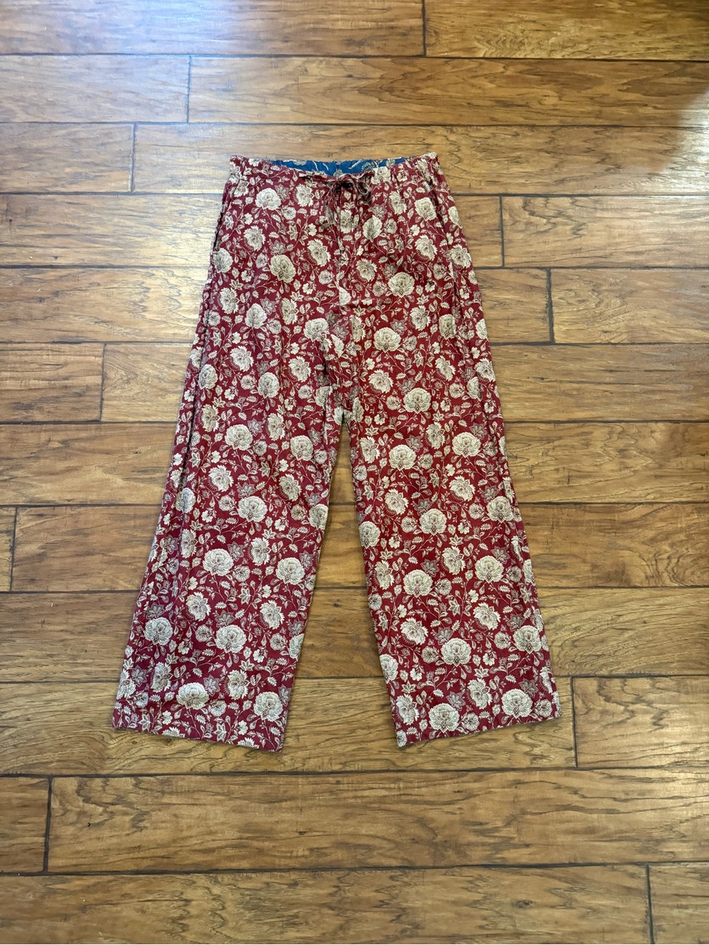 Zara NEW Womens High Waist Wide Leg Trousers Small Red Floral Linen Drawstring